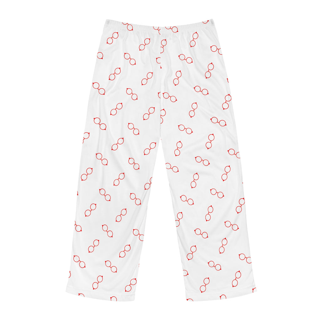 Men's White Lounge Pants with Red Glasses Pattern — Cozy Pajama Bottoms