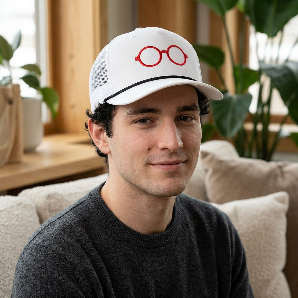 Briefing Attorney Trucker Hat — Minimal Red Round Frames Cap