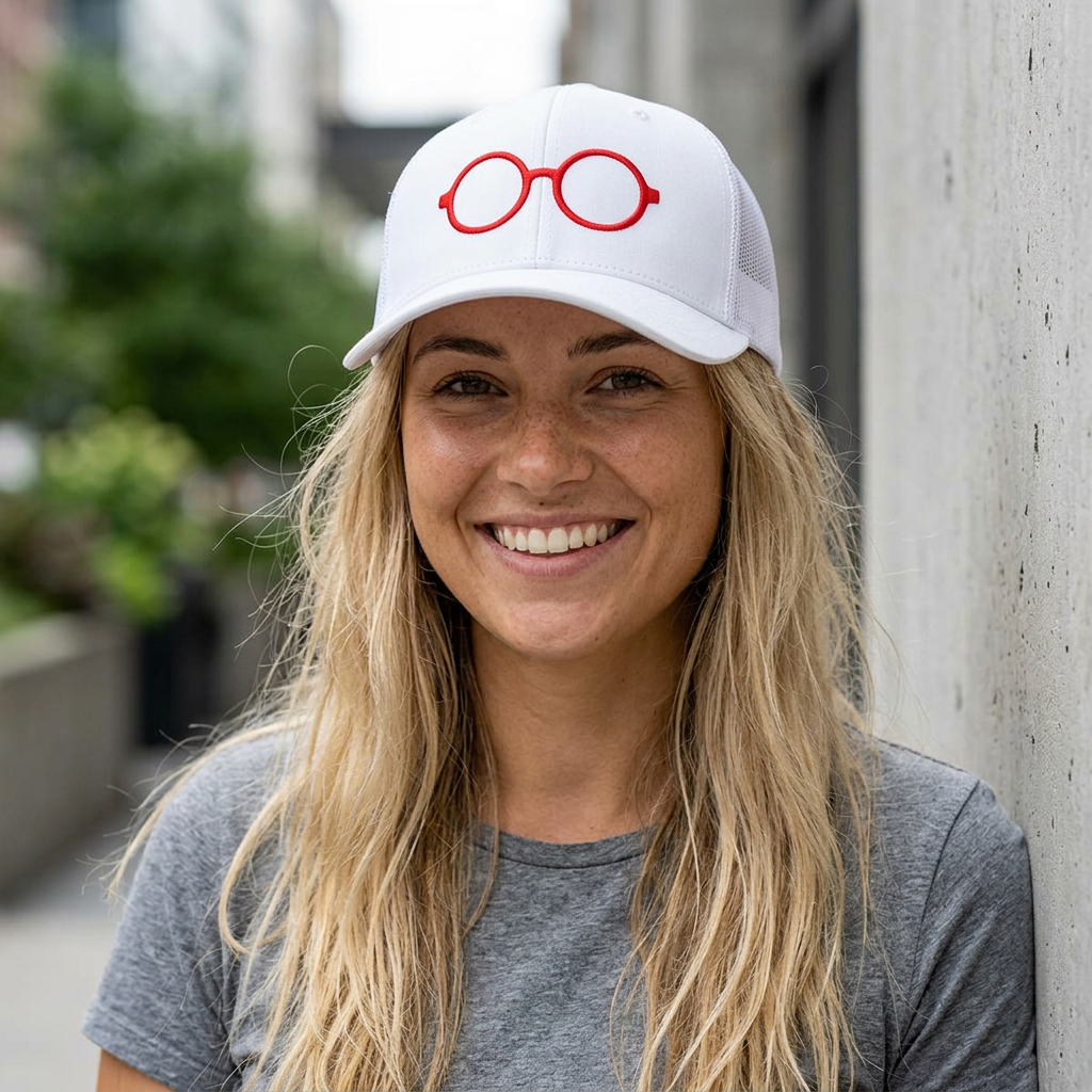 Briefing Attorney Trucker Hat — Minimal Red Round Frames Cap