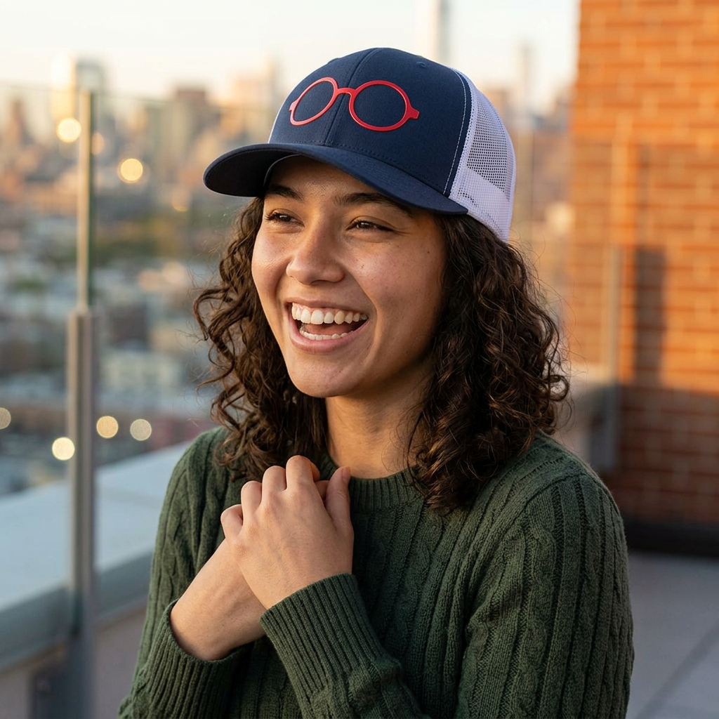 Briefing Attorney Trucker Hat — Minimal Red Round Frames Cap