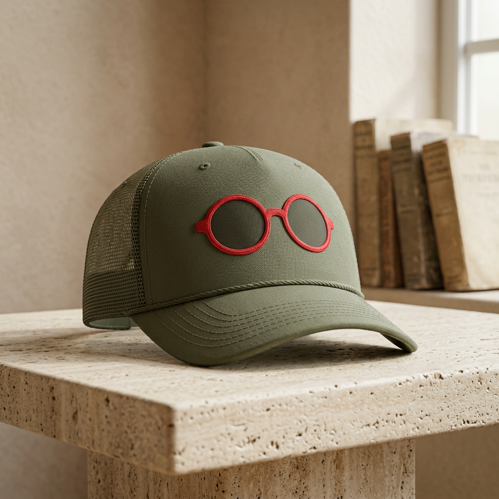 Briefing Attorney Trucker Hat — Minimal Red Round Frames Cap