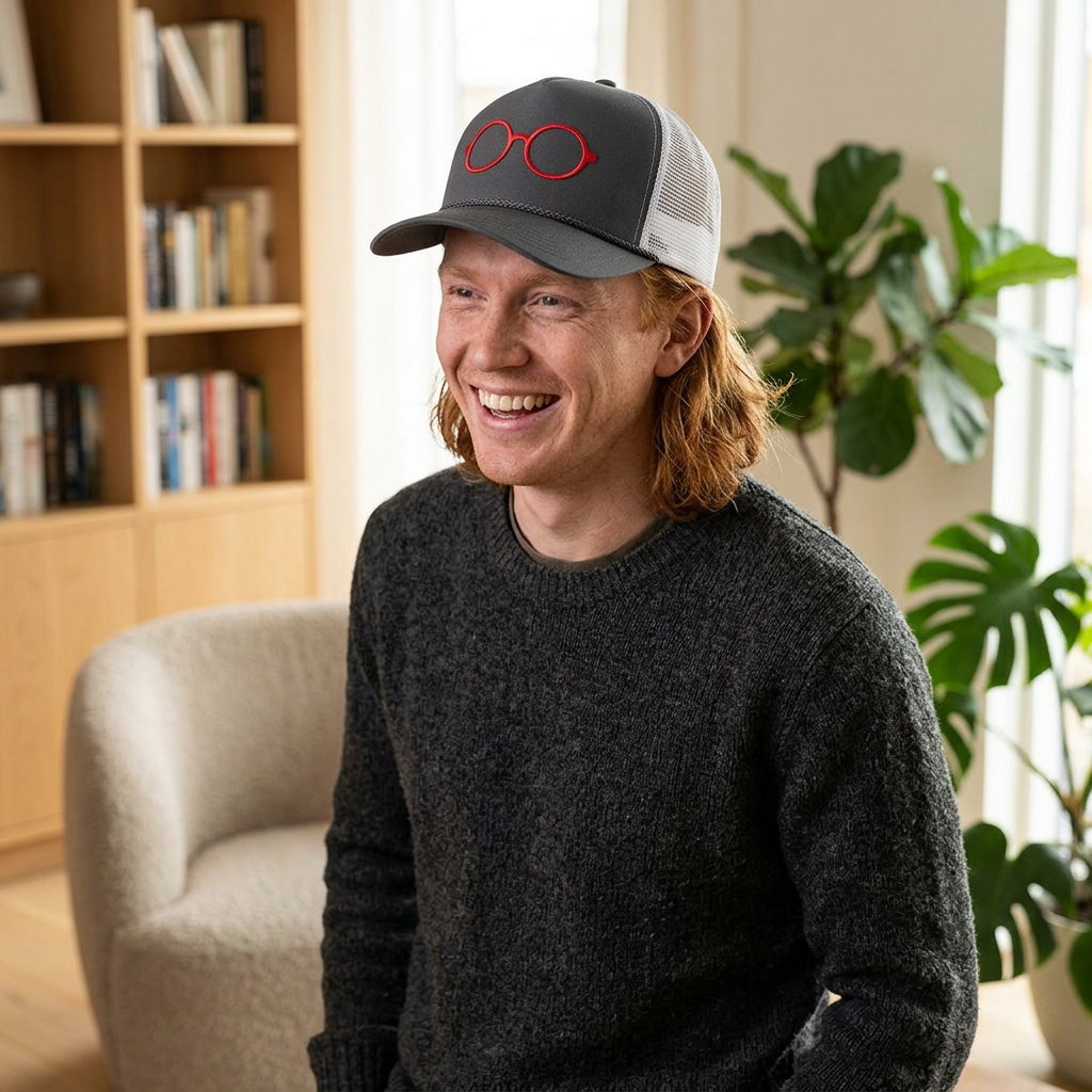 Briefing Attorney Trucker Hat — Minimal Red Round Frames Cap