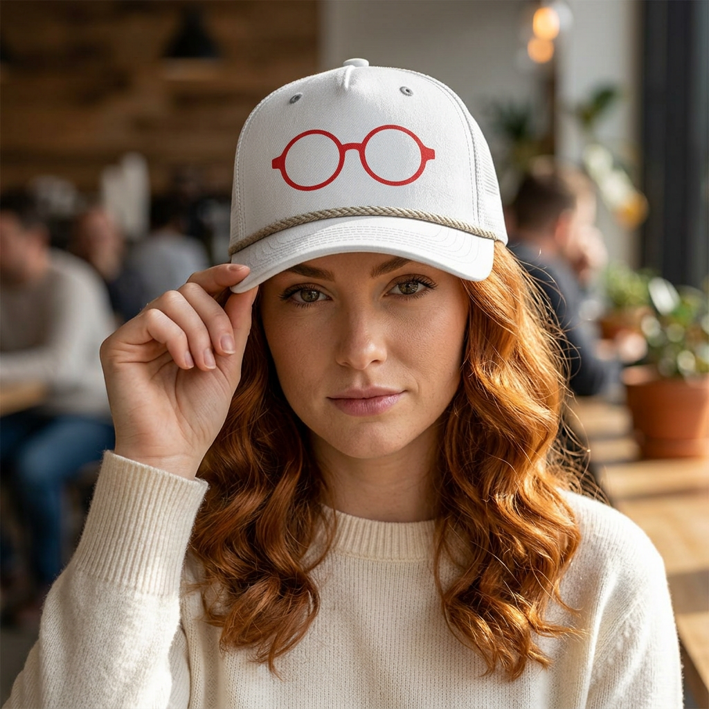 Briefing Attorney Trucker Hat — Minimal Red Round Frames Cap