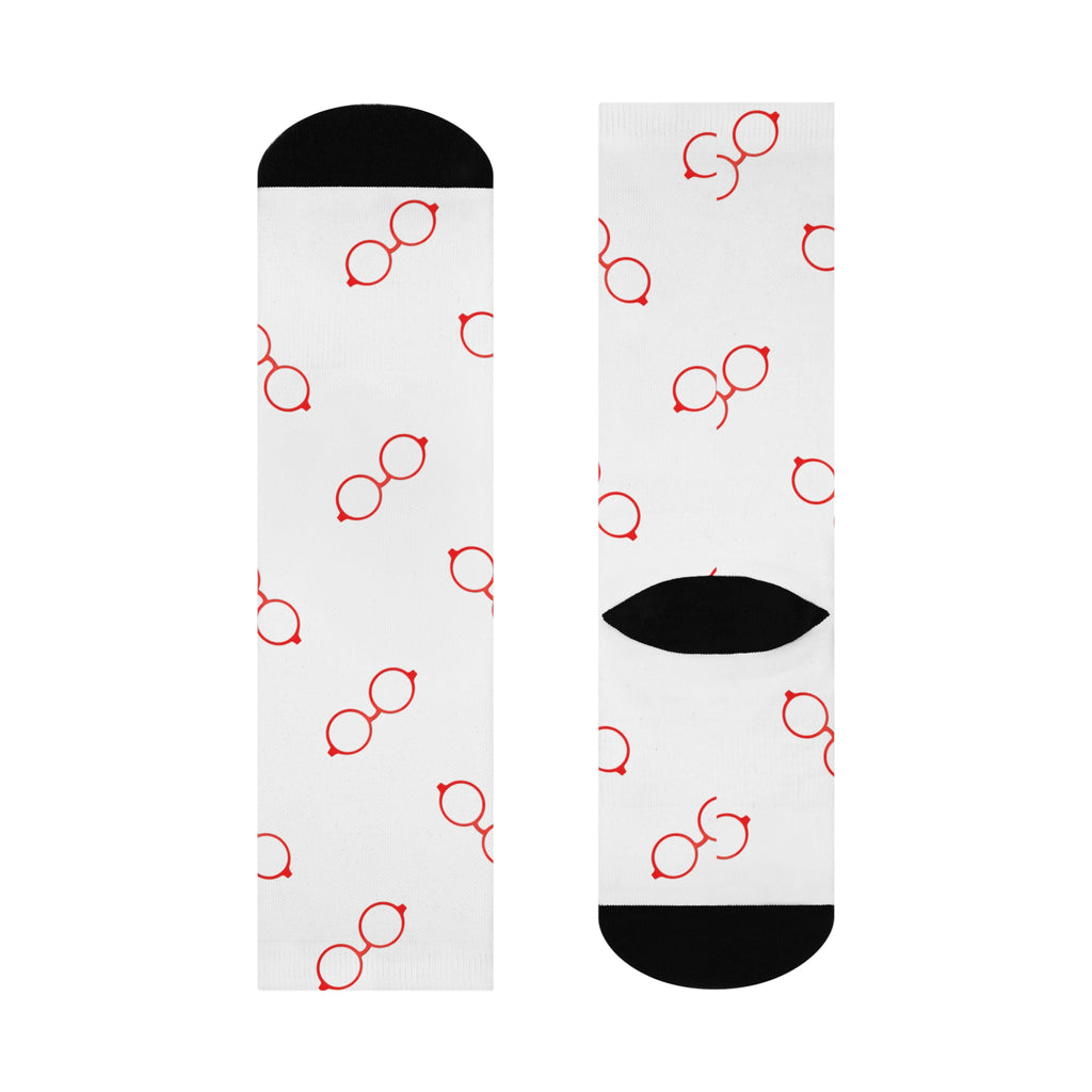 Red Glasses Pattern Crew Socks — Cushioned White Novelty Socks