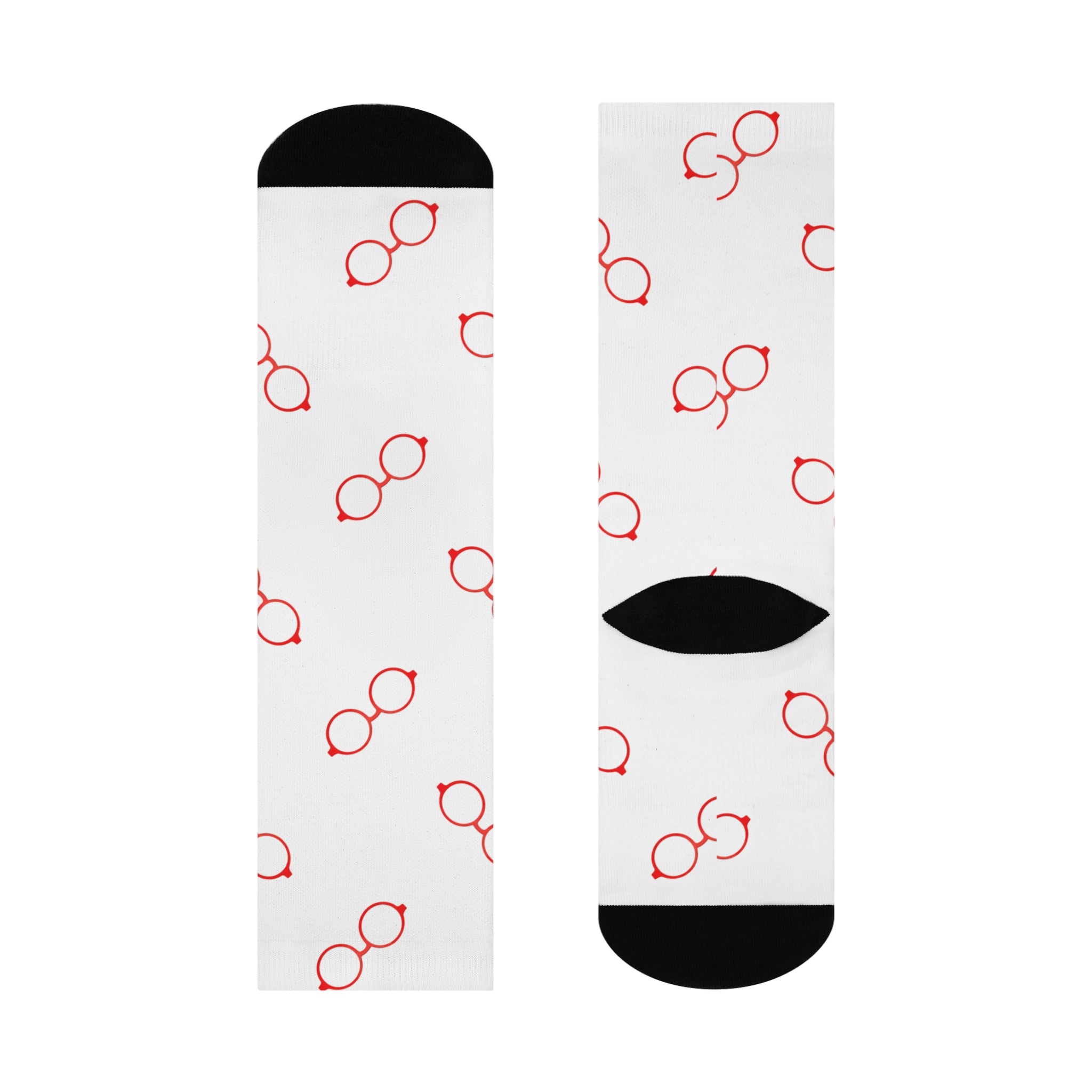 Red Glasses Pattern Crew Socks — Cushioned White Novelty Socks