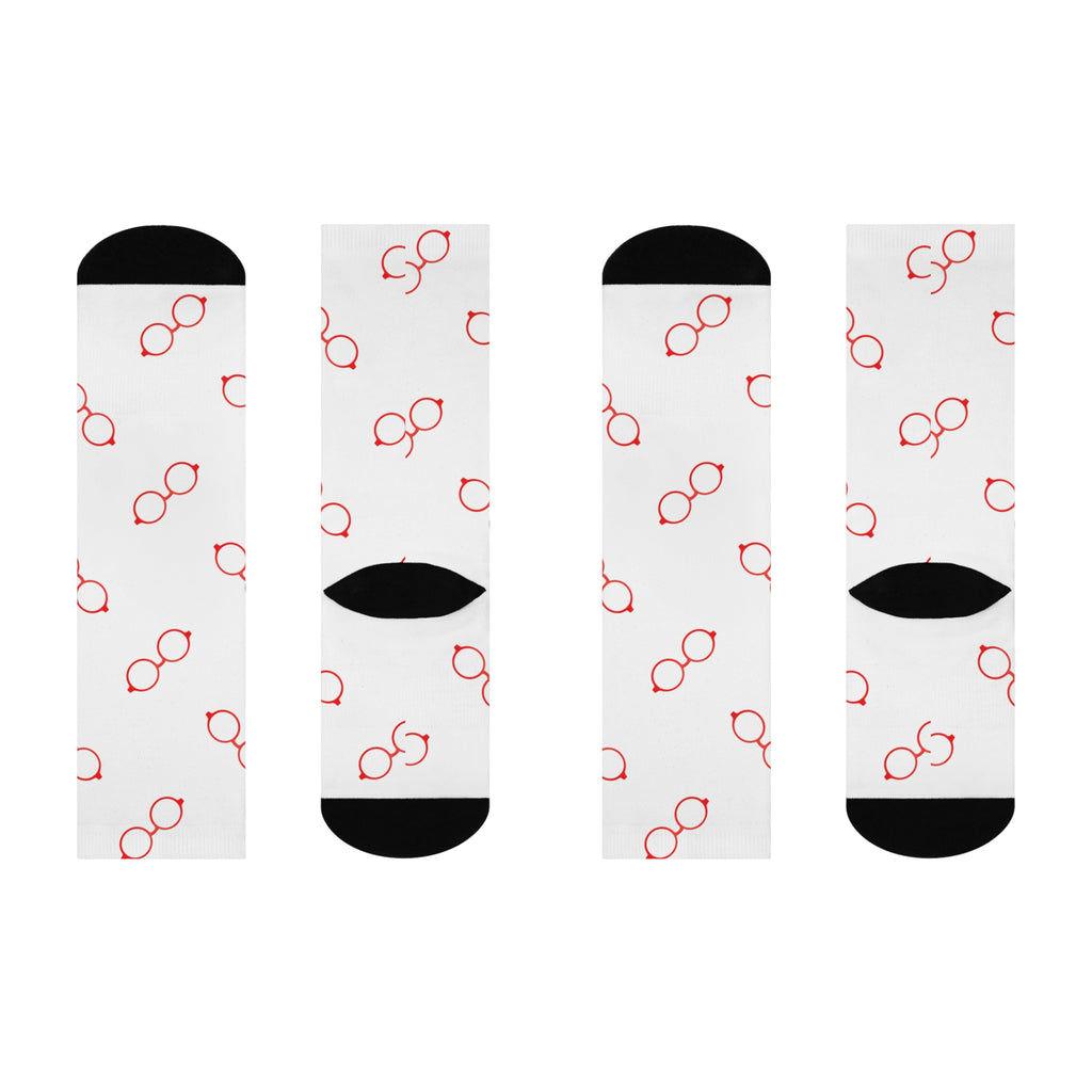 Red Glasses Pattern Crew Socks — Cushioned White Novelty Socks