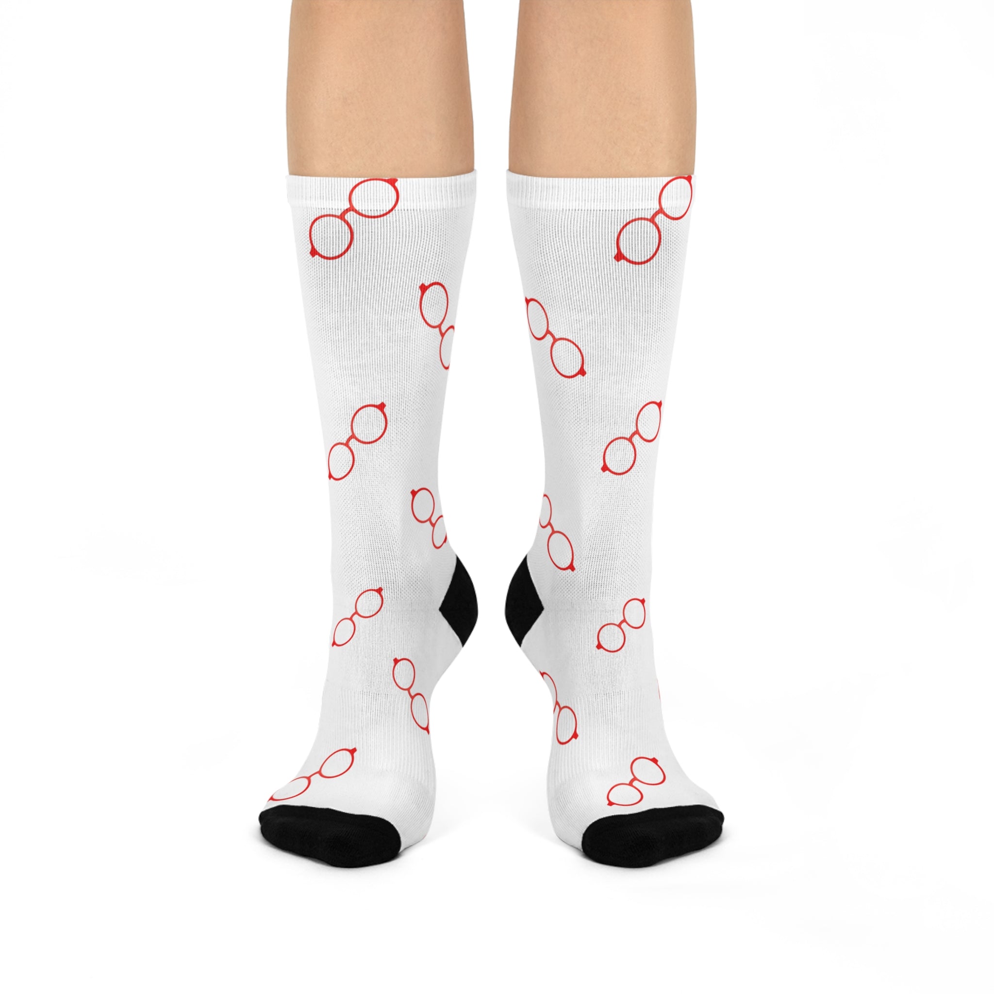 Red Glasses Pattern Crew Socks — Cushioned White Novelty Socks